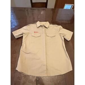 Boy Scouts of America BSA Men's Shirt Tan Large Sewn Patches Short Sleeve
